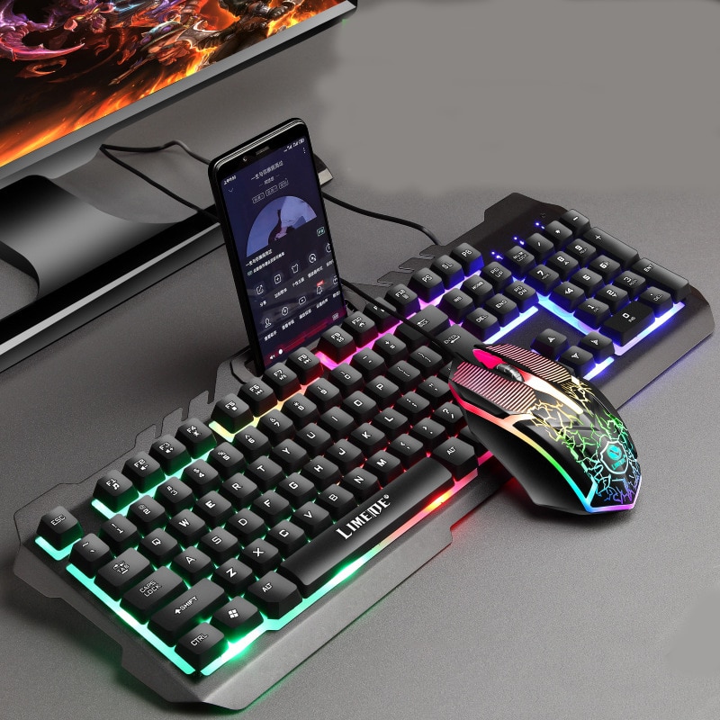 Gaming keyboard Mouse Combos LED Backlit USB Wired Mechanical Keyboard Mouse Set with Phone Holder for PC Computer Gamer