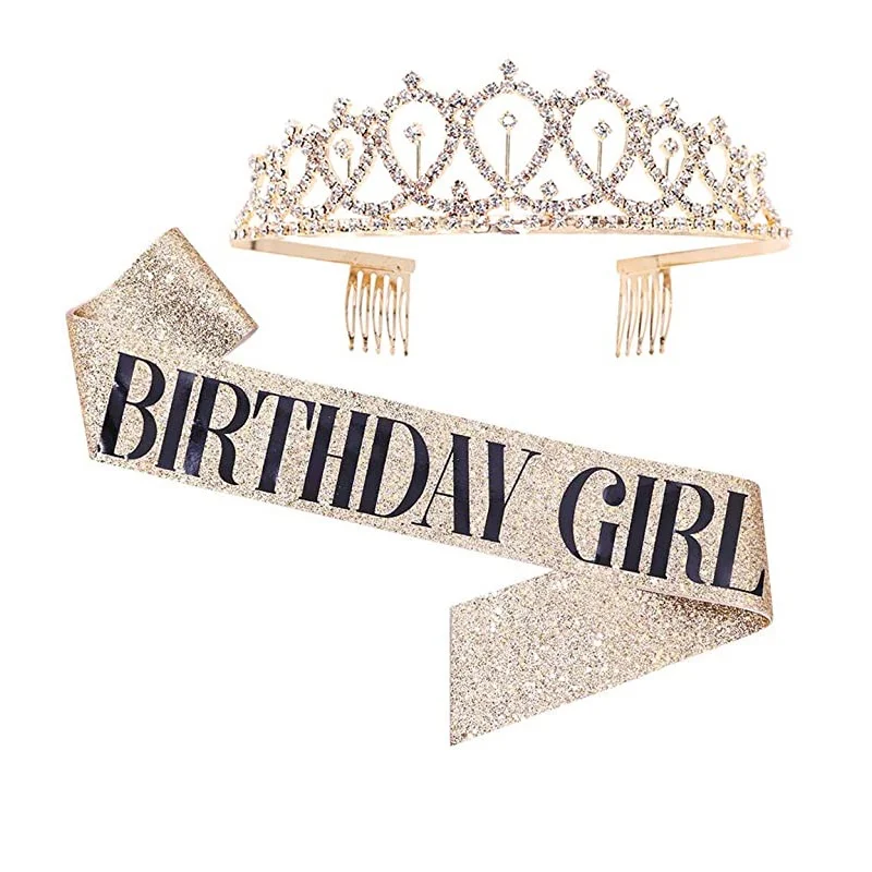 Bling Rhinestone Crystal Crown Tiara Birthday Anniversary Decoration Happy 18 21 30 40 50th Birthday Satin Sash Party Supplies: WHITE
