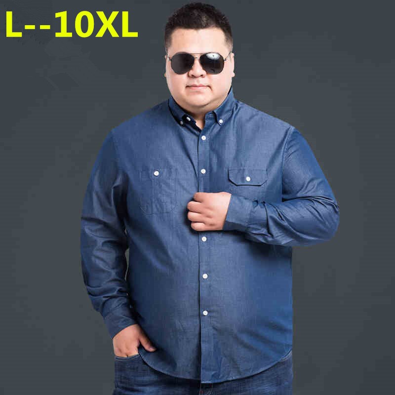 Camisa vaquera informal de manga larga para hombre, camisa masculina de algodón con botones de talla grande, 8XL, 6XL, 5XL: 7 XL
