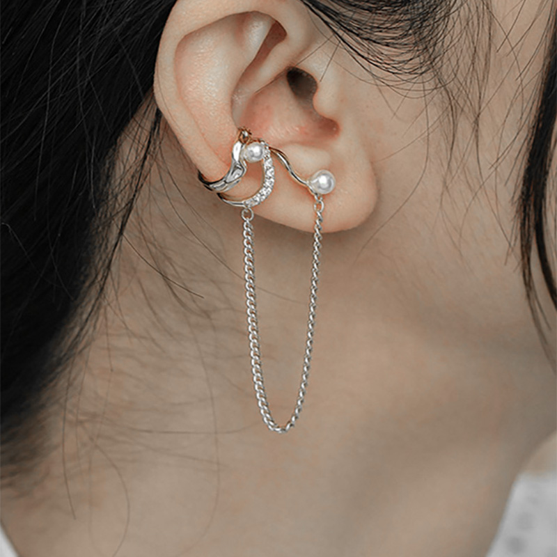 Pendiente de cadena de borla larga para mujer, Clip de oreja Y2k sin agujero, cartílago Orbital Kpop, manguito de oreja sin Piercing, joyería INS, 1PC: Chapado en platino