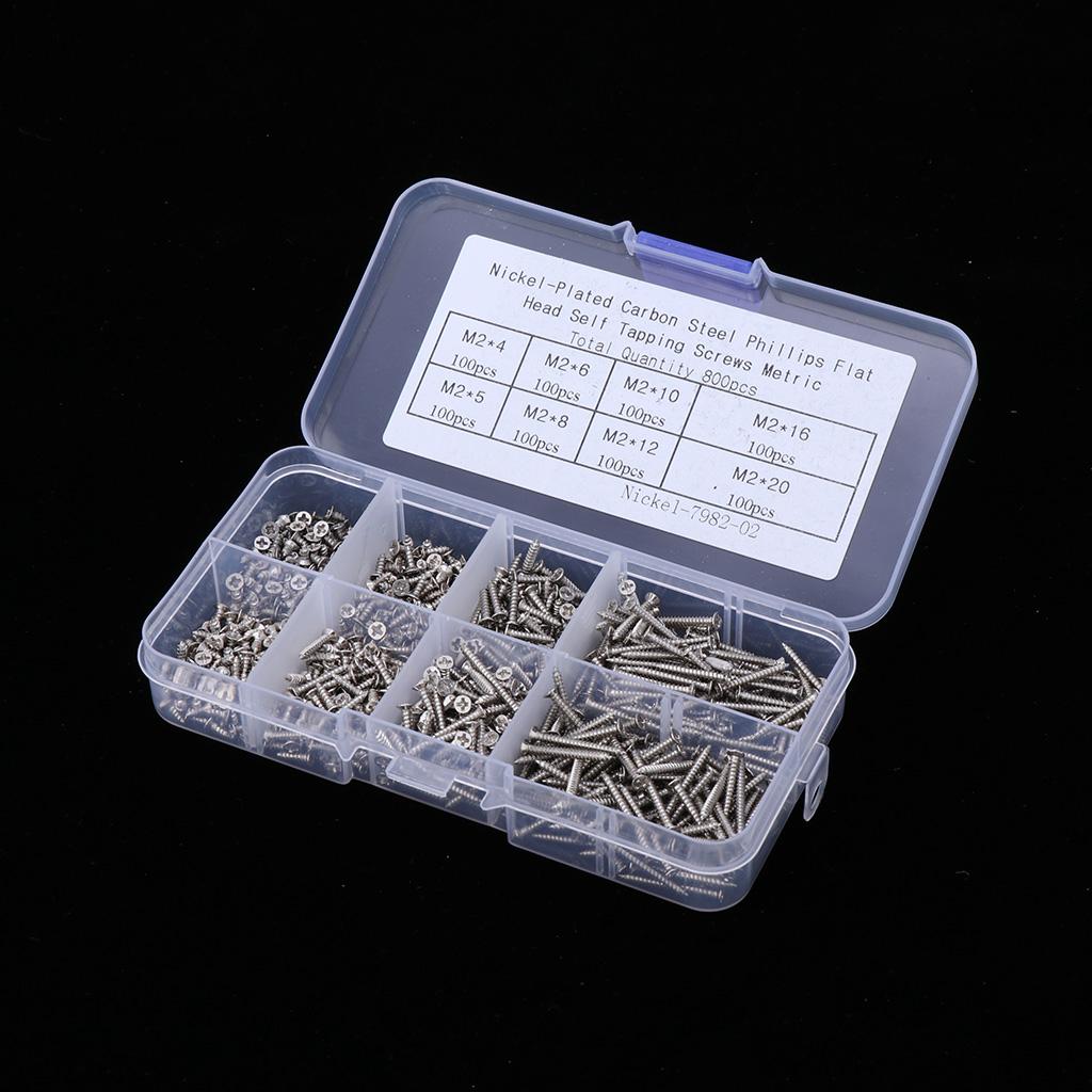 800pcs M2(2mm) Nickel Carbon Steel Phillips Pan Head Self Tapping Screws Kit
