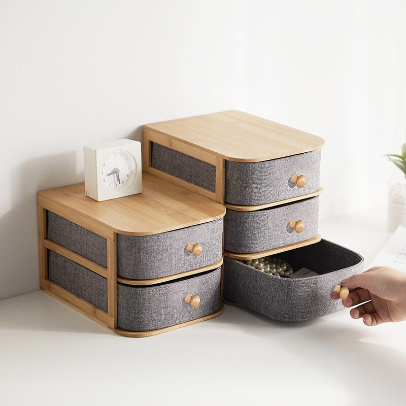 Multi Layer Drawer Bamboo Storage Box Desktop Cosmetic Oxford Organizer Office Organiser Home Sundry Case Holder