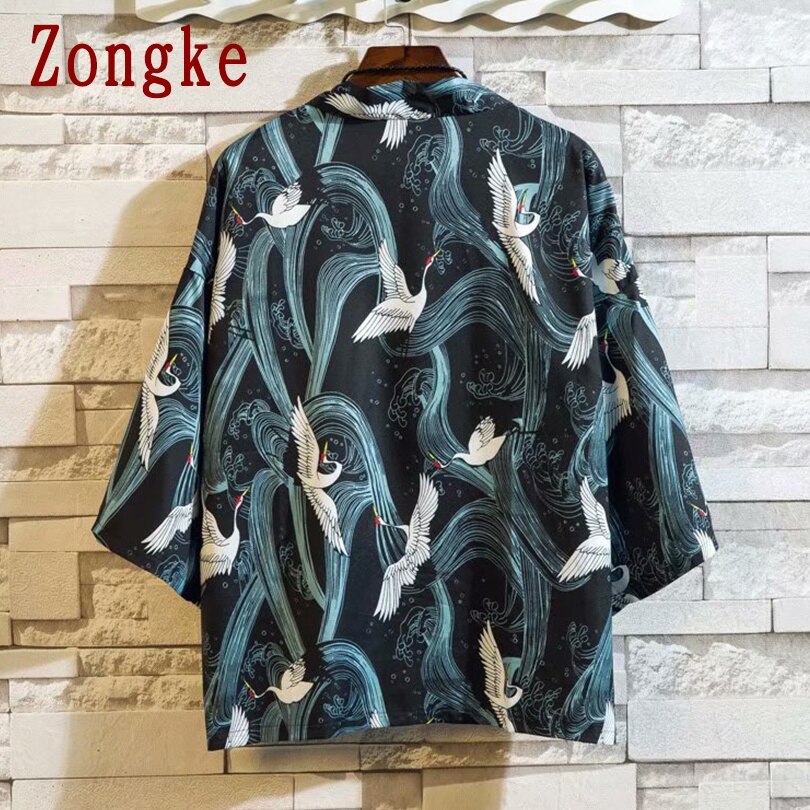 Zongke Kimono Cardigan Casual Shirt Men Slim Fit Japanese Kimono Men Shirt Male Blouse Brand Plus Size M-3XL