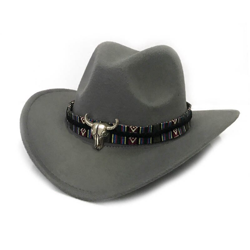 Mode Mannen Vrouwen Western Cowboy Hoed Met Koe Hoofd Band Brede Rand Hoed Pop Jazz Hoed Winter Wol Hoed Maat 56-58Cm: HT3412GY