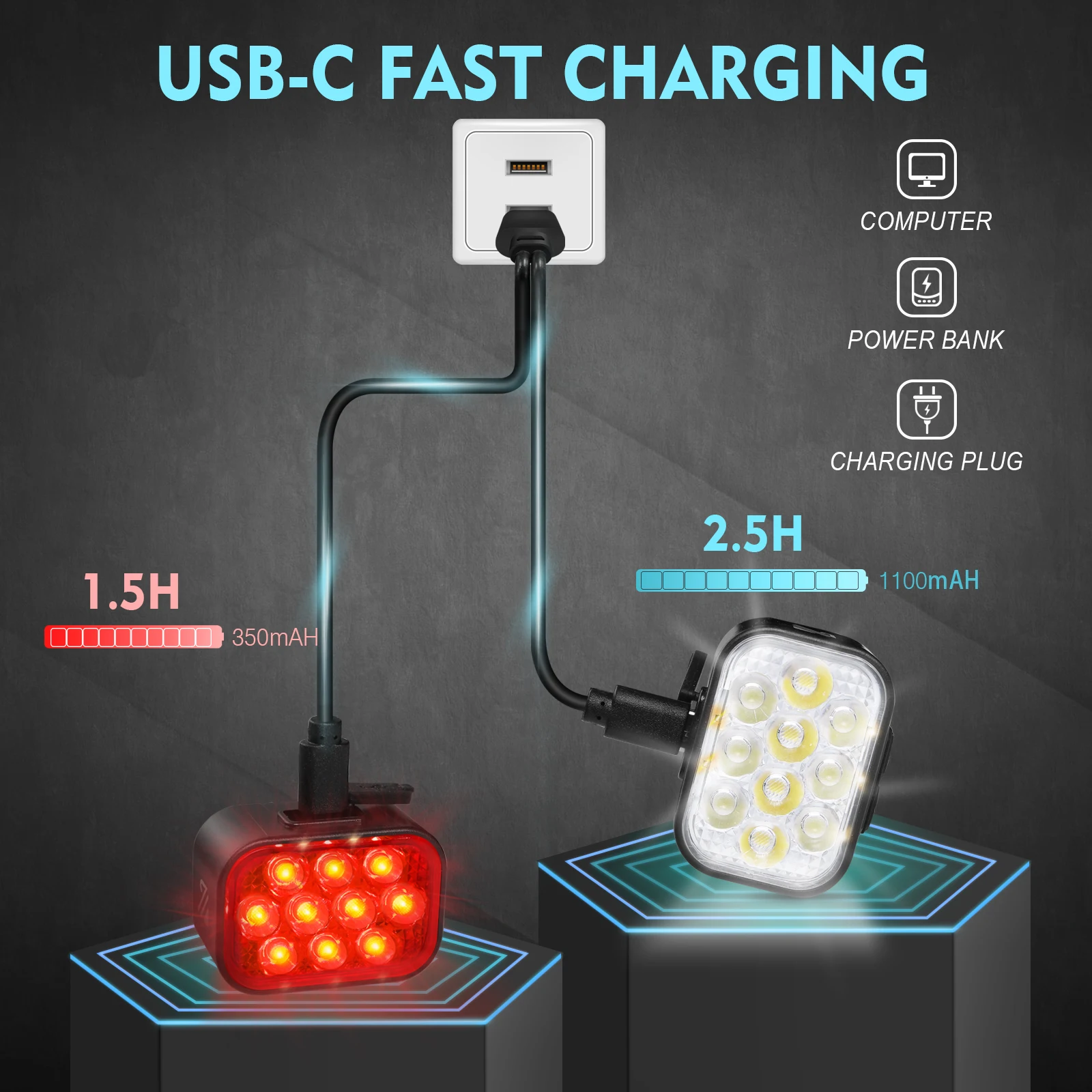 BUCKLOS Bike Lamp Set 1100mAh 350mAh Bicycle Front Tail Light USB Rechargeable Bicycle Headlight Taillight Ultralight Lights