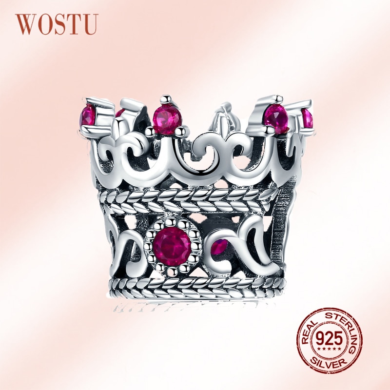 WOSTU 100% 925 Sterling Silver Queen's Crown Roze CZ Bedels fit Originele Armband & Ketting Vrouwen Mode-sieraden CQC776