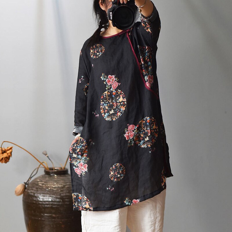 Johnature Herfst Vintage Print Bloemen Shirts Voor Vrouwen Ramee O-hals Lange Mouw Blouses Losse Vrouwelijke Lange Shirts Tops