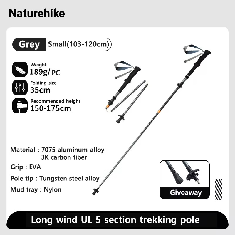 Naturehike Long Wind Trekking Poles Carbon Fiber 7075 Aluminum Alloy Five-section Folding Lightweight Walking Sticks Climbing: light yellow