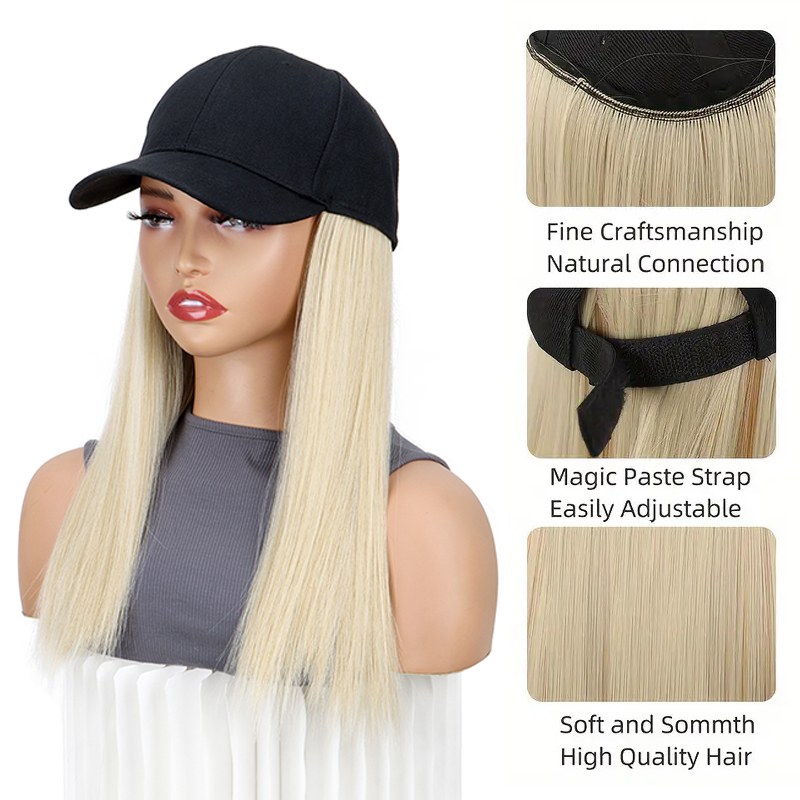 Pelucas sintéticas de 18 pulgadas de largo y recto estilo deportivo gorra de béisbol extensión de cabello cómoda ajustable para mujeres uso diario