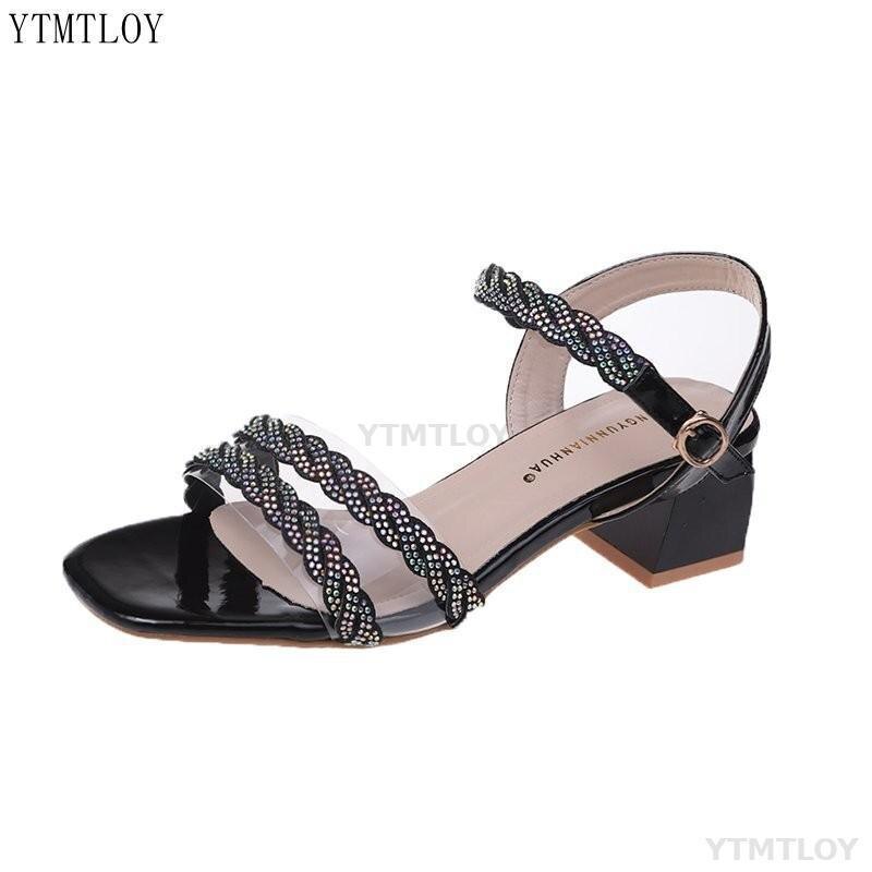 Sandálias de salto alto feminino cristal banda vestido de festa de verão dedo do pé aberto dourado zapatos de mujer plataforma sadalias femininas: Black / 37