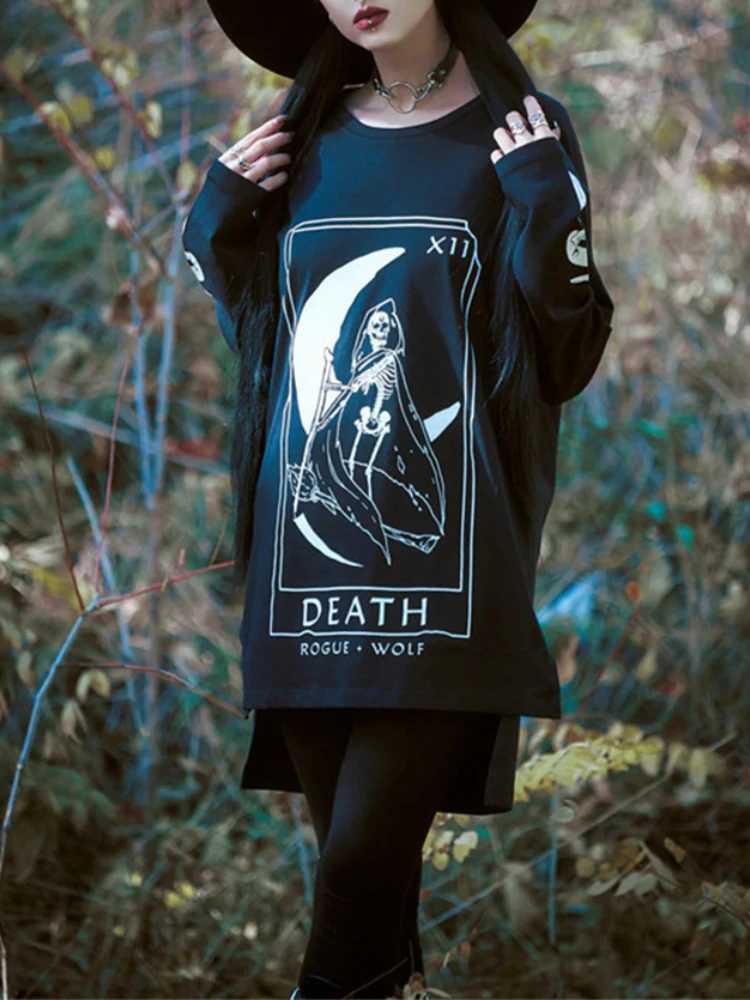 Gotisk mørk langærmet top harajuku vintage punk månebogstavsprint lang rund hals sweater efterår vinter top dame