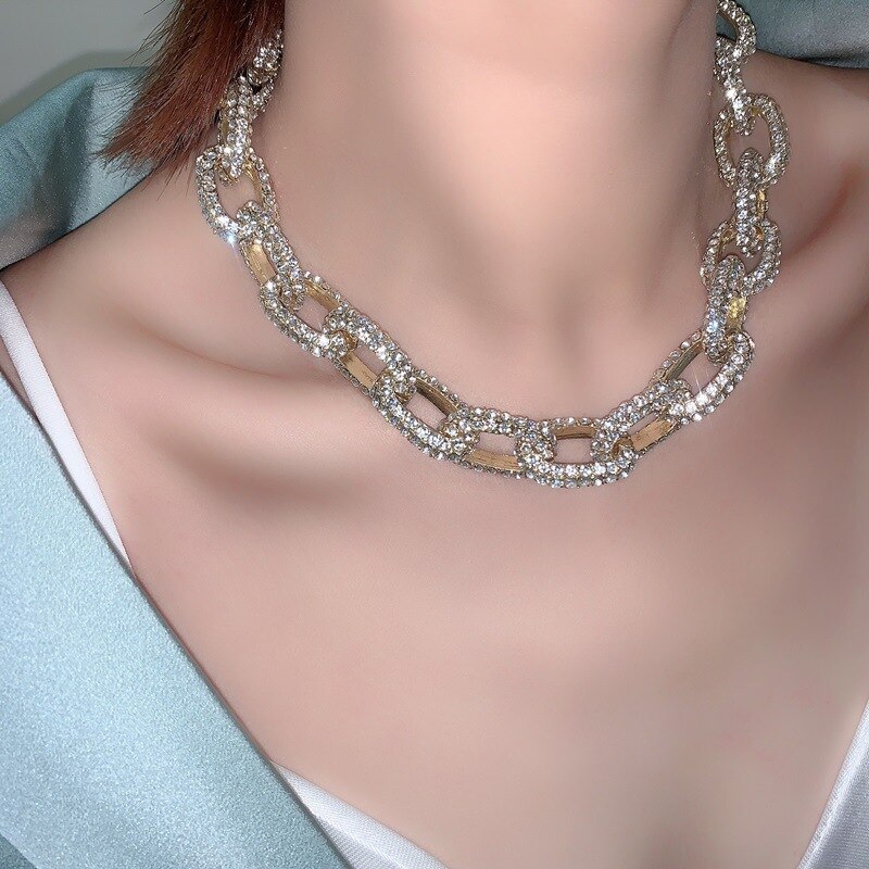Luxe glinsterende, dikke cubaanse ketting met strass-steentjes voor dames, goud, zilver, metalen, holle, brede schakelketting, accessoires