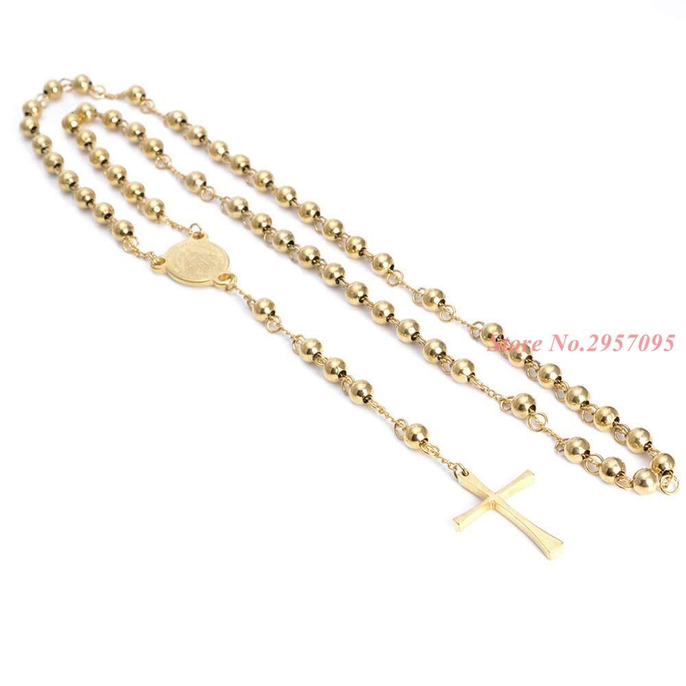 4/6/8mm Mens Chain Gold Tone Rvs Bead Chain Crown Rozenkrans Jezus Christus Kruis Hanger lange Ketting