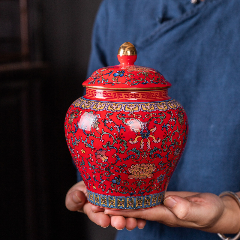 Moderne Rode Geschilderd Bloem Keramische Potten Opslag Grote Capaciteit Verzegelde Thee Blikken Gilded Porselein Ambachten Snoep Potten Woondecoratie: H