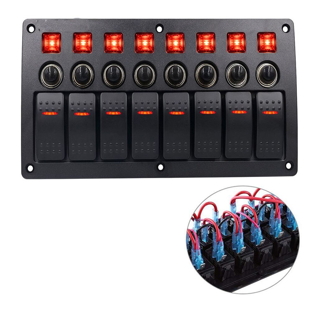 3- pins 8/ 6- voudig schakelpaneel voor auto, boot, marine, waterdicht tuimelschakelaarpaneel met 12v stroomonderbrekers met rood, groen en blauwe led: 8 -voudige rode led