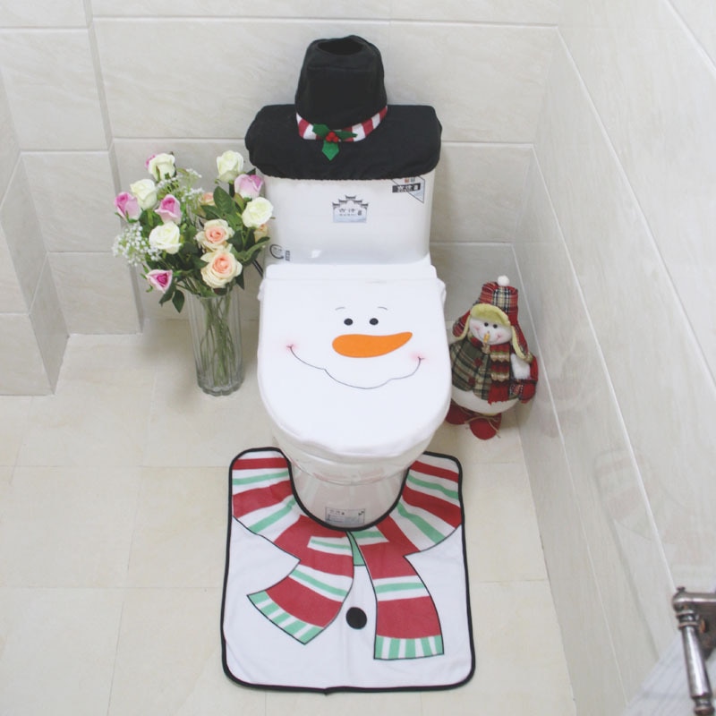 3 Stks/set Kerstmissneeuwman Wit Rood Lange Tie Wc Cover Badkamer Mat Toilet Seat Cover Wc Vloermat