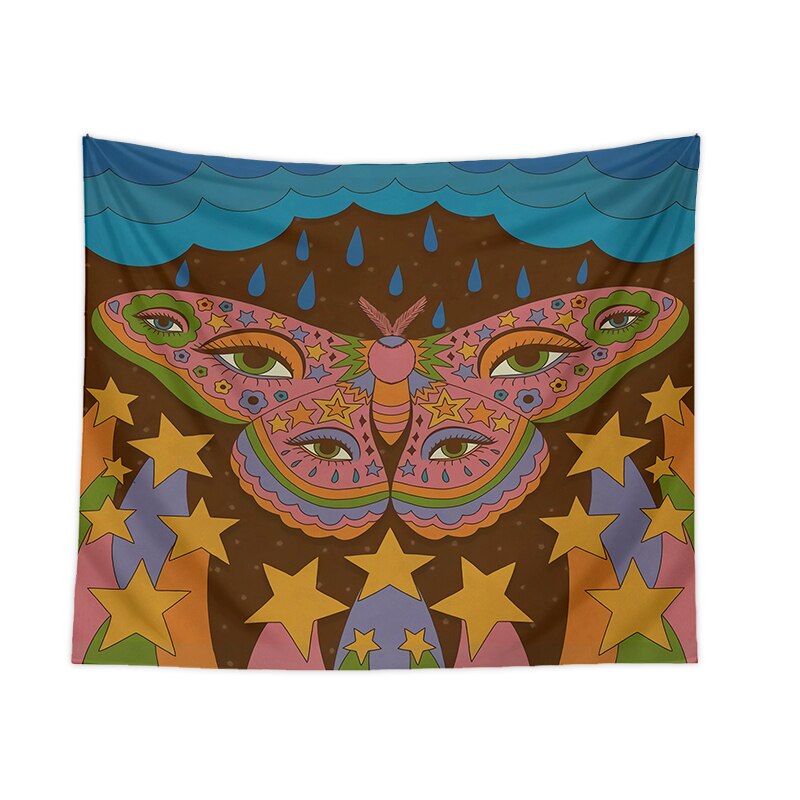 Tapiz psicodélico Retro de los años 80, colgante de pared con de mariposa psicodélica, flor, ojo, estrella, cielo, cubierta Vintage de los 90, decoración artística para habitación: 150x100cm / 1