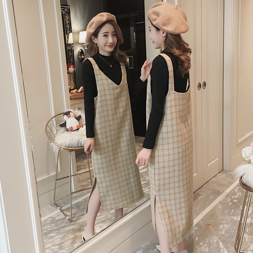 Maternity wear autumn and winter plaid dress stand collar sweater two-piece Korean pregnancy suit