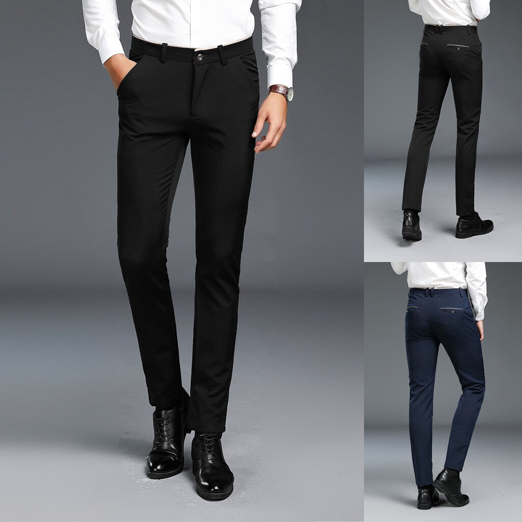 Business Casual Man Pants Slim Men's Solid Casuall Slim Zippered Business Pants Long Trousers 28-38