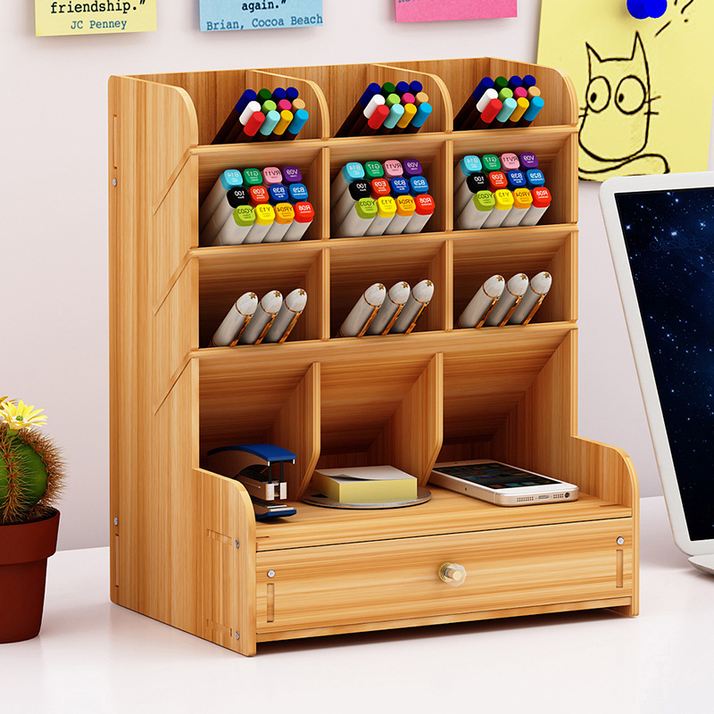 Wooden Desk Organizer Multi-Functional DIY Pen Holder Box Desktop Stationary Home Office Supply Desktop Storage Rack