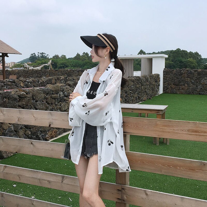 Women Spring Summer Style Transparent Chiffon Blouses Shirts Lady Casual Long Sleeve See Through Anti-sunshine Top: white / XL