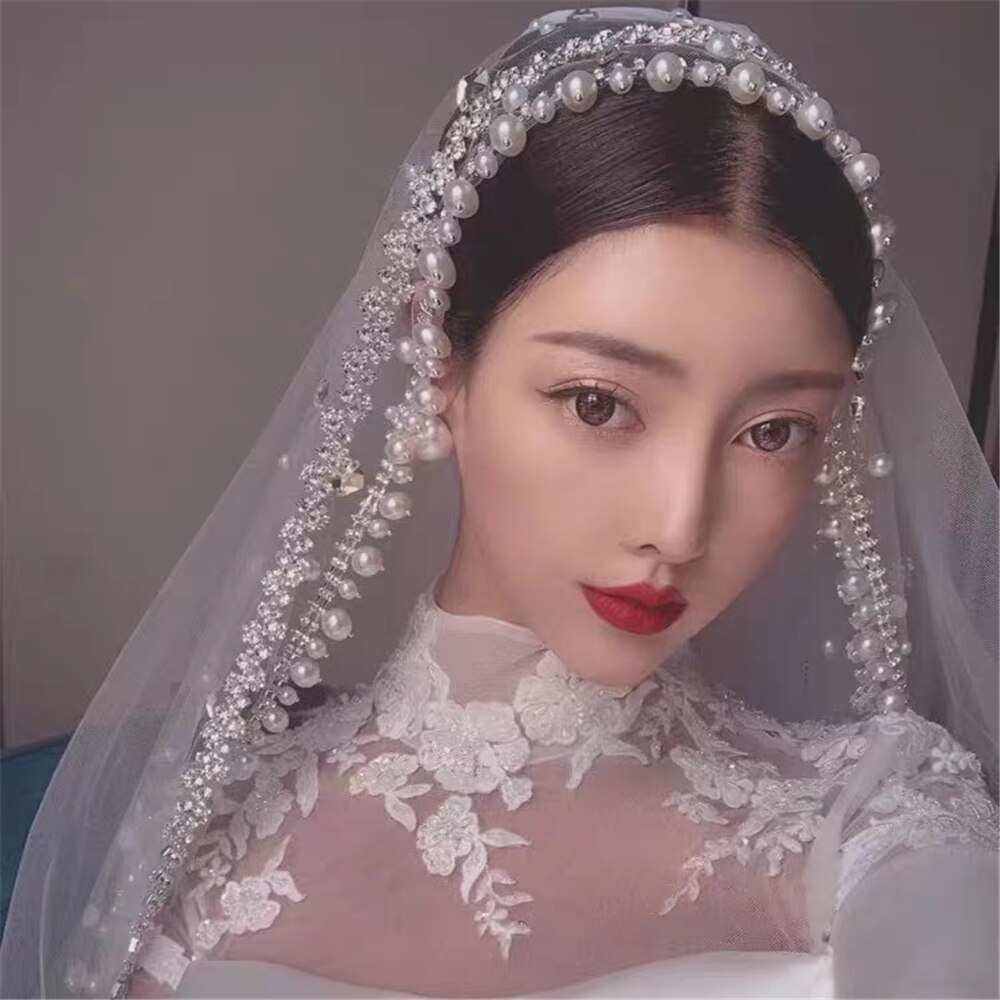 Pearls Wedding Veil Long Cathedral Veil With Pearl Grandado