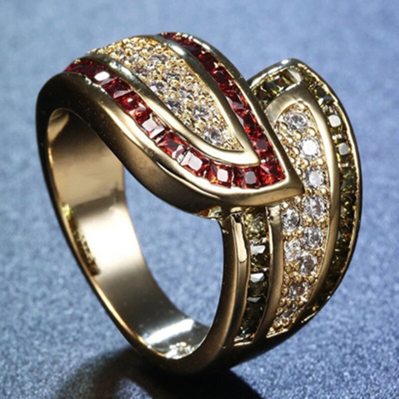 Luxury Gold Color Staggered Micro Pave CZ Stone Ring For Women Men Red Rhinestone Wedding Ring Good Jewellery Z5M343