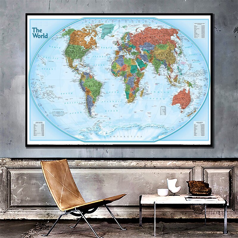 90*60cm The World Potical Map Canvas Painting Modern Wall Art Poster for Living Room Decoration Home Decoration School Supplies