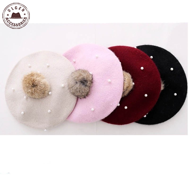 Børn perle kanin pels baret hat til baby piger hue hatte med pompon multicolor