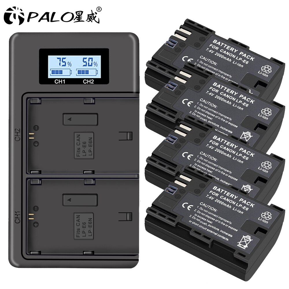 Palo LP-E6 LPE6 LPE6N Camera Batterij Li-Ion Oplaadbare Batterij Voor Canon Eos 6D 7D 5D Mark Ii Iii Iv 60D 60Da 70D 80D 5DSR: 4 battery 1 charger