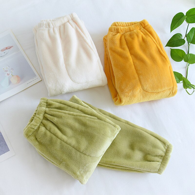 Pijamas de franela de pierna cerrada para mujer, pantalones cálidos para el hogar, Color sólido, holgados y Pijama gruesa, franela femenina