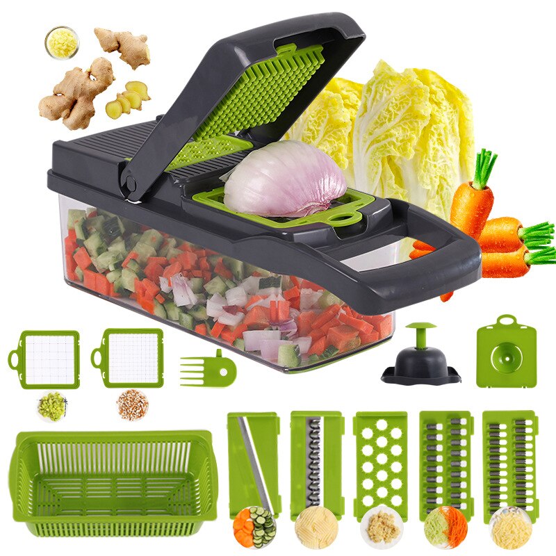Vegetable Cutter Multi-Functional Household Cut Potato Chips Carrot Shredded Grater With Drain Basket Detachable Kitchen Tools: Grey green (medium)