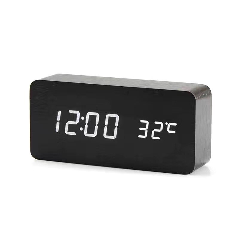 Led træ vækkeur ur bord stemmestyring vågne lys digitalt træ ur alarm usb/aaa powered ure bord boligindretning: L sort hvid