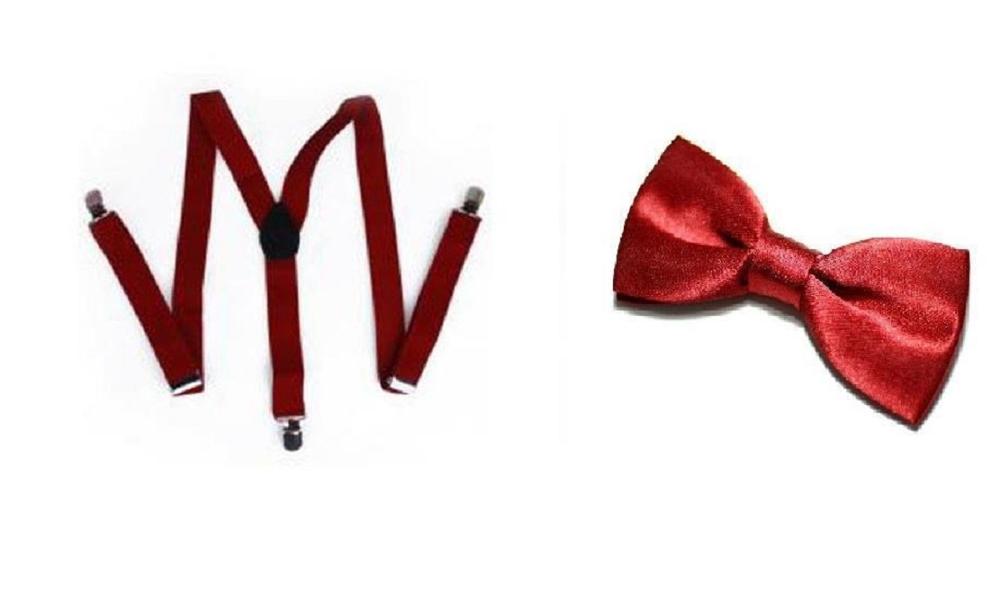 Men's Adult Matching Suspenders Braces & Pre-Tied Bow Tie Combo Sets Fancy Costume: Wine red