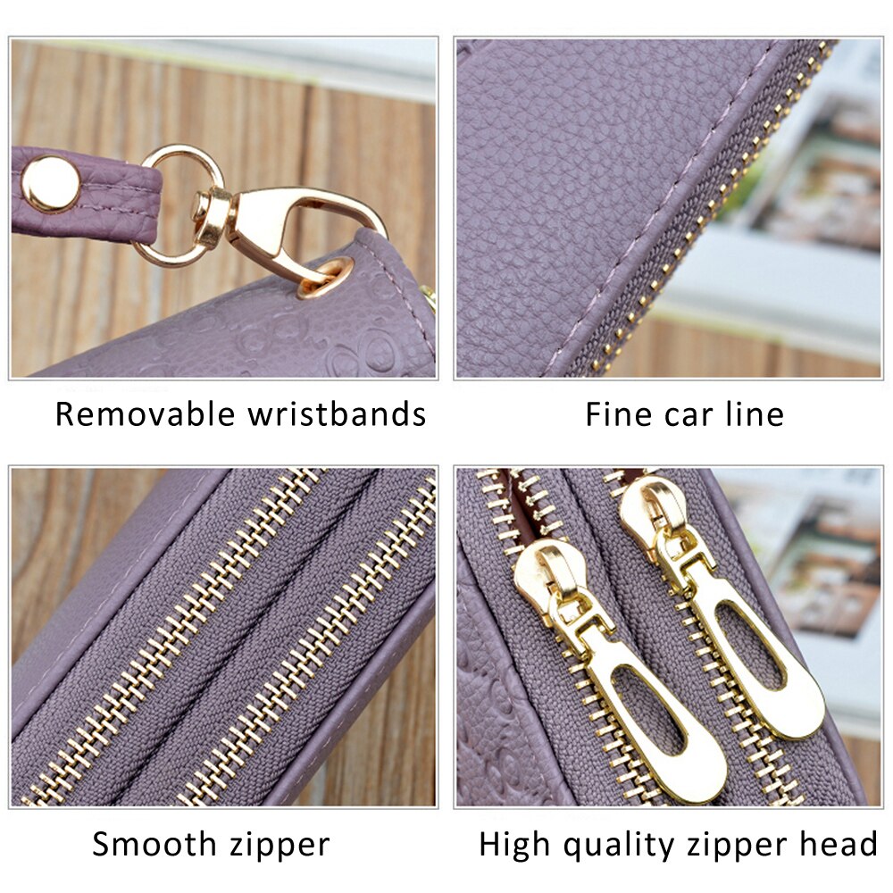Femmes grande capacité portefeuille en cuir pochette Double fermetures à glissière bracelet porte-cartes de sac à main téléphone poche longue sac à main dames Carteras