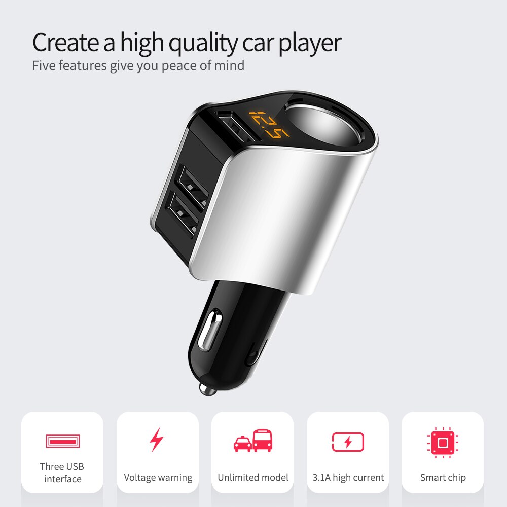 KORSEED Car Cigarette Lighter Socket Splitter Power plug 3 USB Car Fast Charger 12V - 24V for cellphone GPS Ipod Pad etc