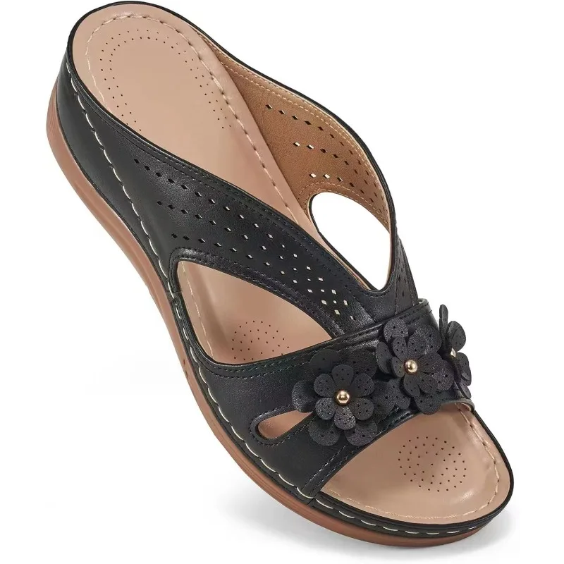 Zapatillas de mujer de tendencia 2024, zapatos de playa con cuña hueca y flores informales, sandalias antideslizantes cómodas con plataforma a la para actividades al aire libre: Azul cielo / 39