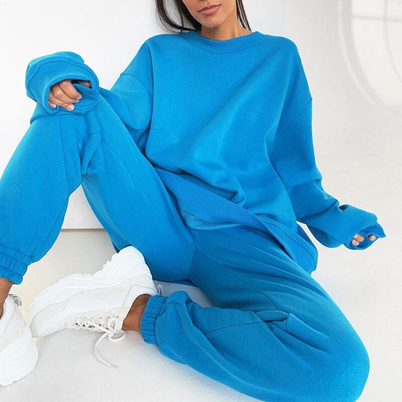 Chándal de lana de dos piezas para mujer, sudadera de gran tamaño, pantalones de Color sólido, trajes informales de otoño e invierno