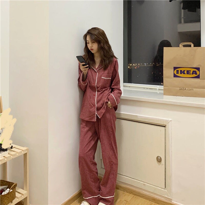 Japanilainen pyjama naisten pitkähihaiset syksyn talvi yöpuvut punaiset ruudulliset pyjamat tyttöjen kotivaatteet naisten kotivaatteisiin