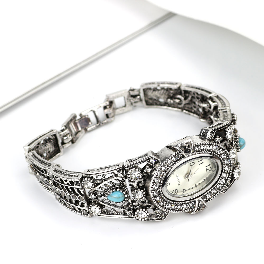 Sunspicems Vintage ▾ Vecchio colore Argento Indiano Donne Orologio Da Polso Del Polsino Del Braccialetto Ovale Cassa dell'orologio Pieno di Strass Elegante Regalo di Festival