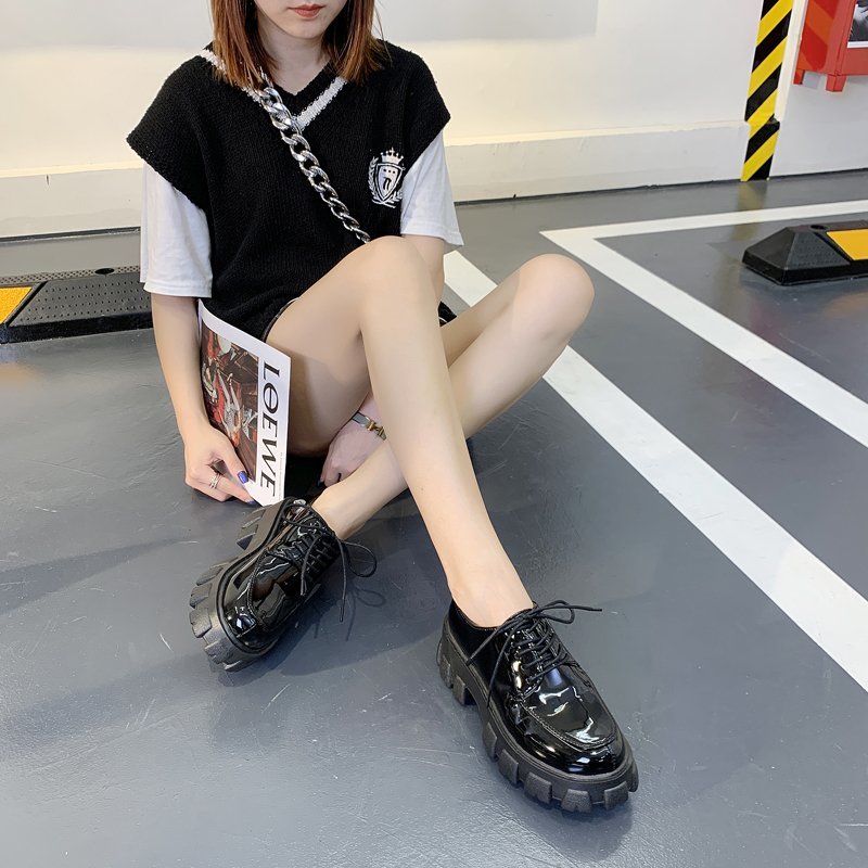 Zapatos Oxford de cuero negro liso para mujer, mocasines de plataforma de fondo grueso con cordones, informales, para otoño