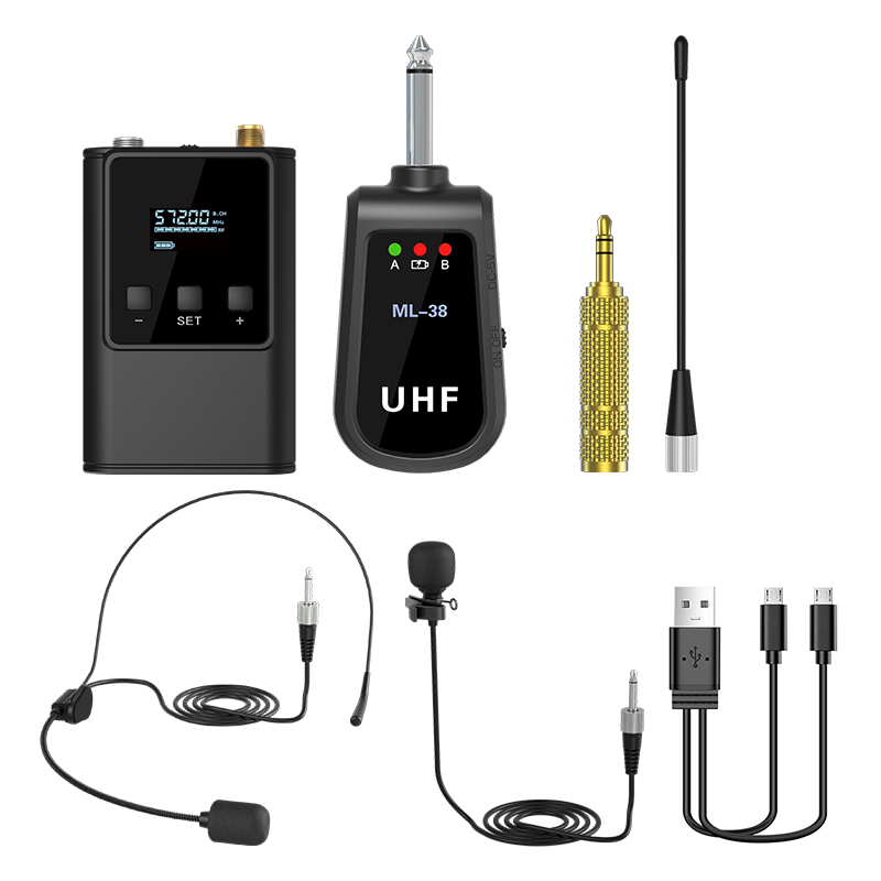 Système de Microphone sans fil double, micro casque/micro sur pied/micro à revers Lavalier avec émetteur et récepteur Bodypack rechargeables: Black