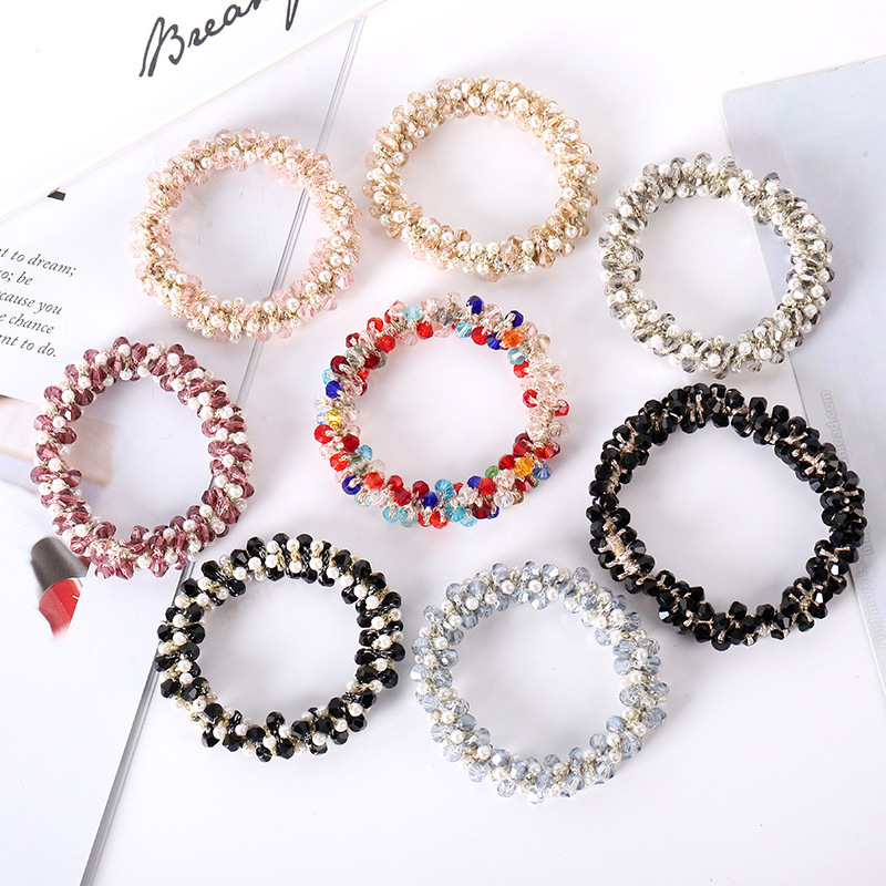 1 unidad de lazos para el cabello con perlas de cristal para mujer, coleteros elásticos hechos a mano con cuentas, accesorios para el cabello con cuerda para niña