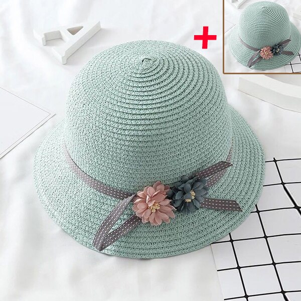 2 uds mujeres sombrero de paja nudo lazo Floral de ala ancha Parental-niño gorra para playa YS-BUY: hat  blue sakura