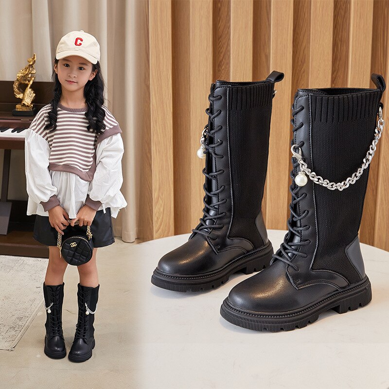 Meninas botas longas com correntes de metal princesa chique estiramento tecido meia estilo crianças motocicleta botas altas moda crianças 26-36 novo