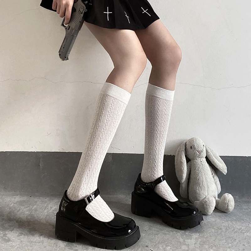 Calze per studenti delle scuole superiori stile giapponese Calzini lunghi Solido Nero Bianco Calzini estivi da donna sottili Costumi JK Calzini alti al ginocchio per ragazze: Black