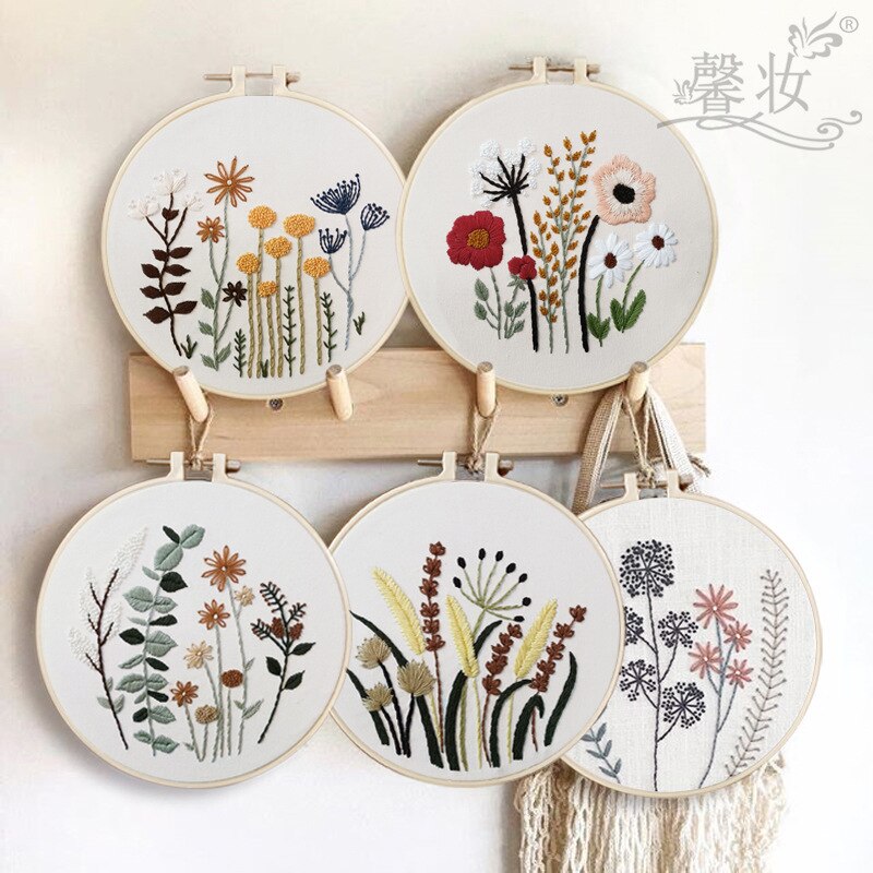 DIY Stamped Embroidery Starter Kit with Flowers Plants Pattern Embroidery Cloth Color Threads Tools Kit
