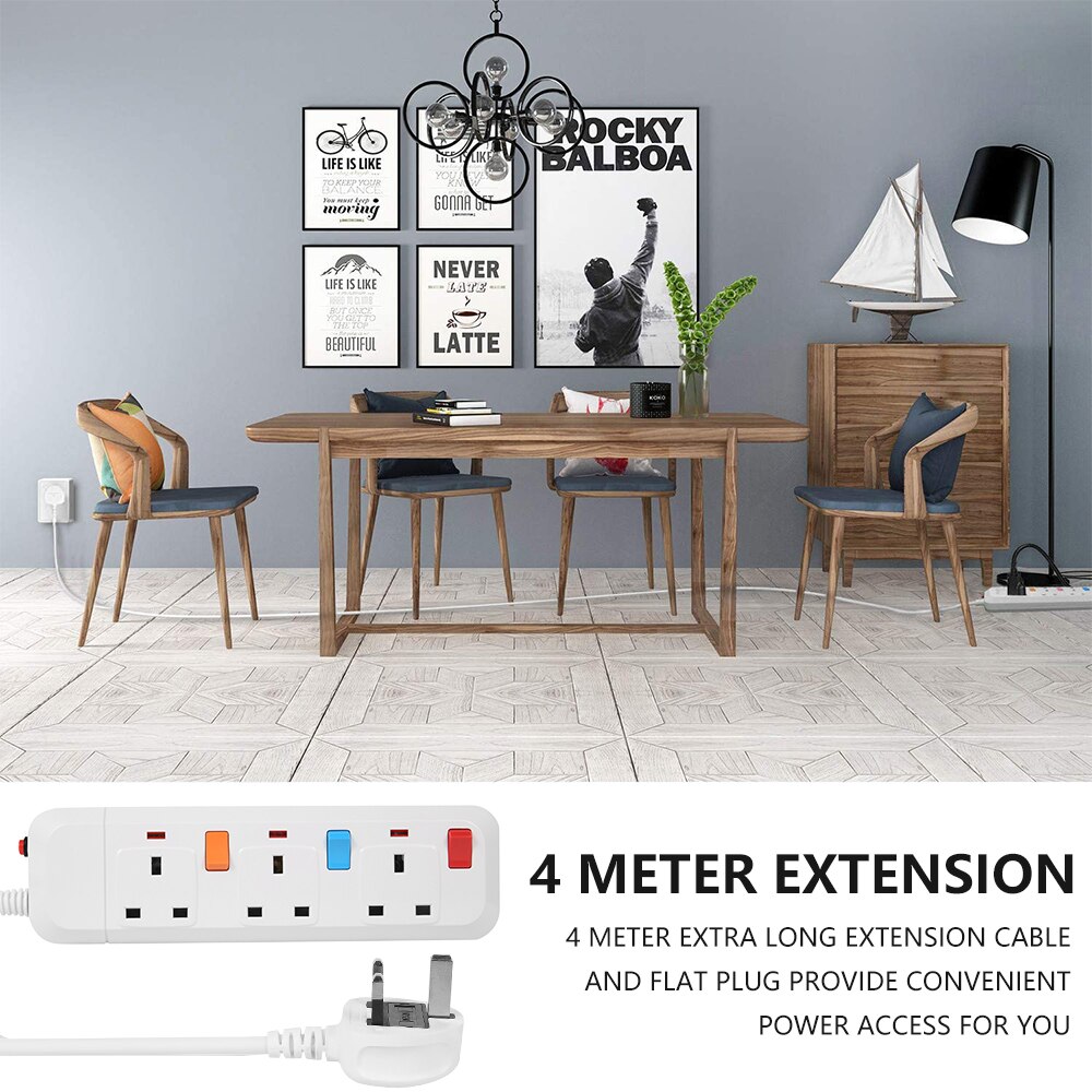Power Strip Surge Protector 3 AC Universal Outlets UK Plug Sockets Individual Switch with 5m Extention Cord