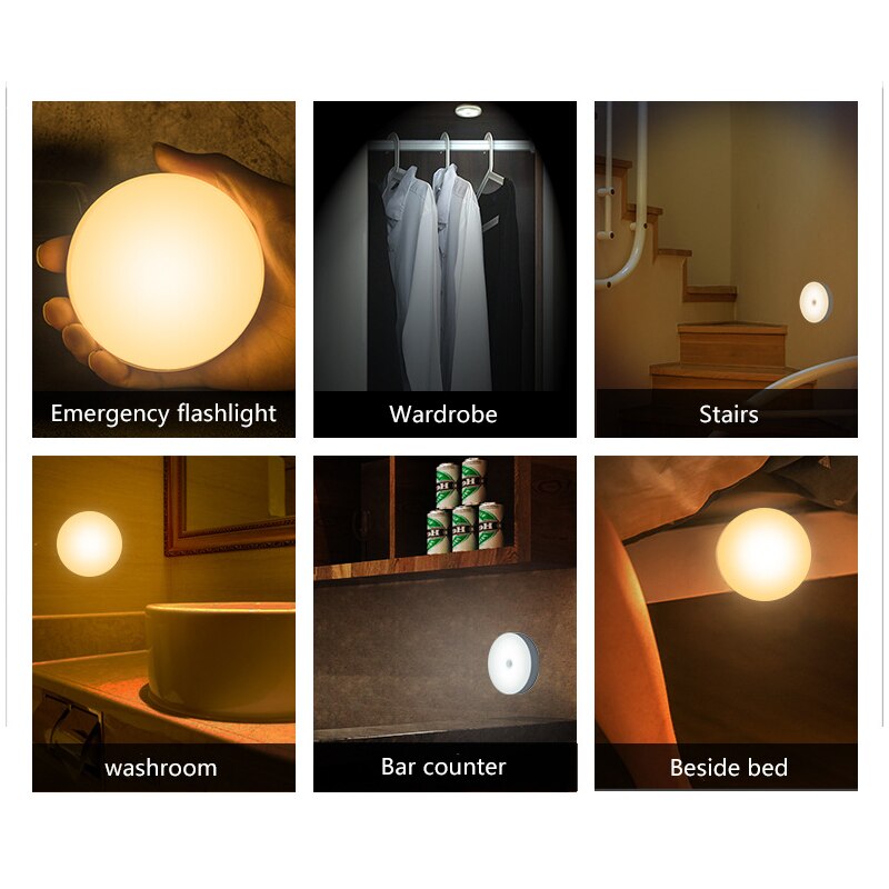 6 LEDs PIR Motion Sensor Night Light Round Auto On/Off for Bedroom Stairs Cabinet Wardrobe Wireless USB Rechargeable Wall Lamp