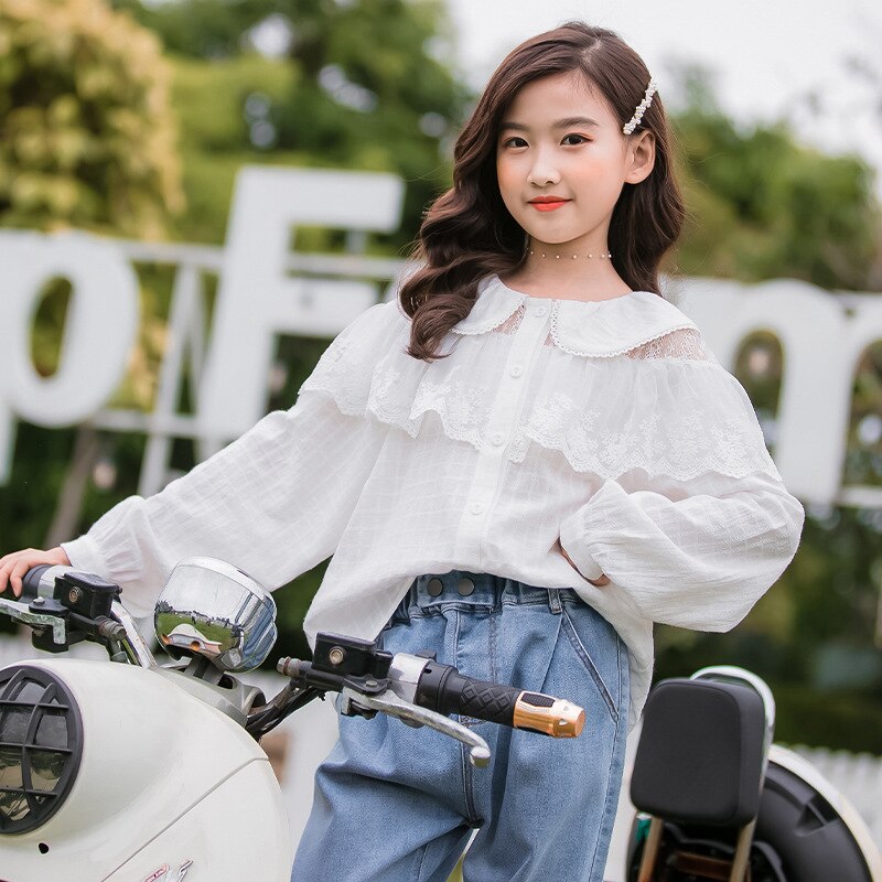 Meisjesblouses herfst kinderkleding kinderen kant wit geruite blouse schattige topjes tienermeisjes casual shirts 4 6 8 10 12 14 16y